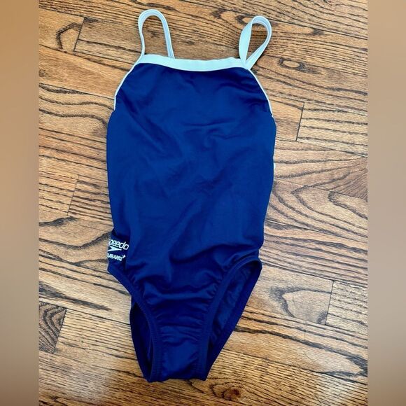 NWT New SPEEDO Solid Endurance+ Flyback Racing Swimsuit Navy White Trim 22 - Picture 3 of 6